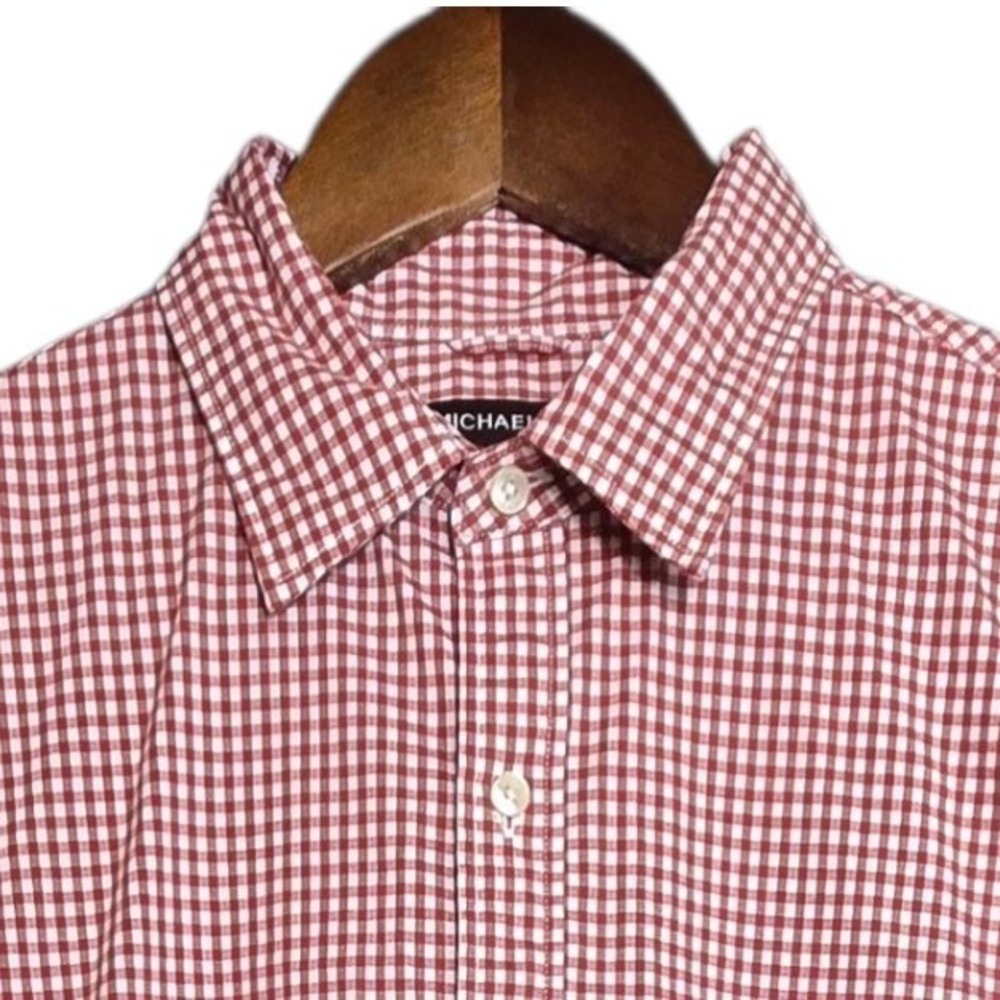 Michael Kors‎ Mens Shirt Medium Red White Gingham Check Trim Stretch Long Sleeve
